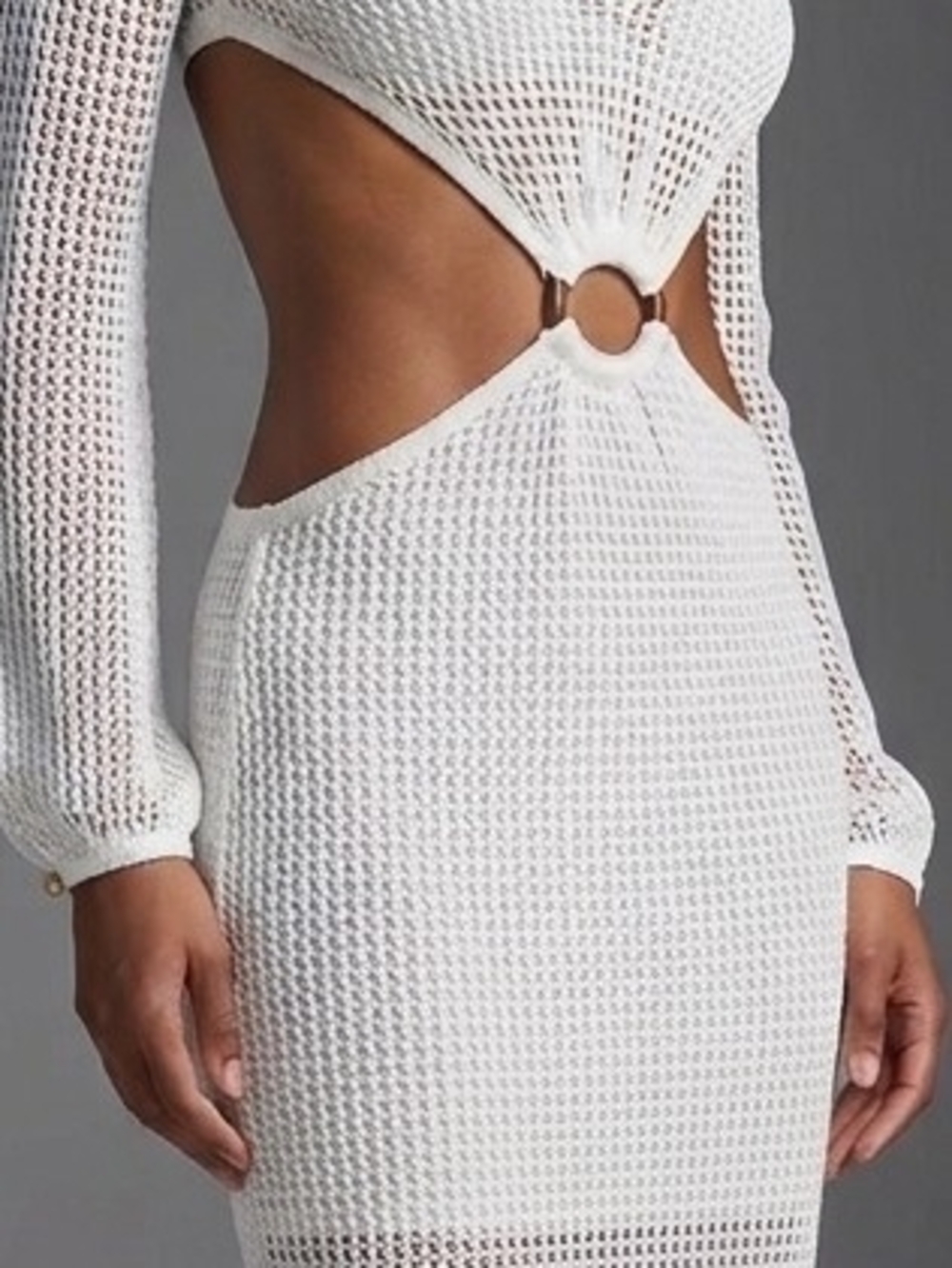 ✨ Boho Chic White Crochet Cutout Midi Dress – O-Ring Detail ✨